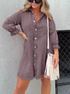 LoraviStyle™ Women’s Washed Denim Puff Sleeve Dress – Chic Collared Button-Down