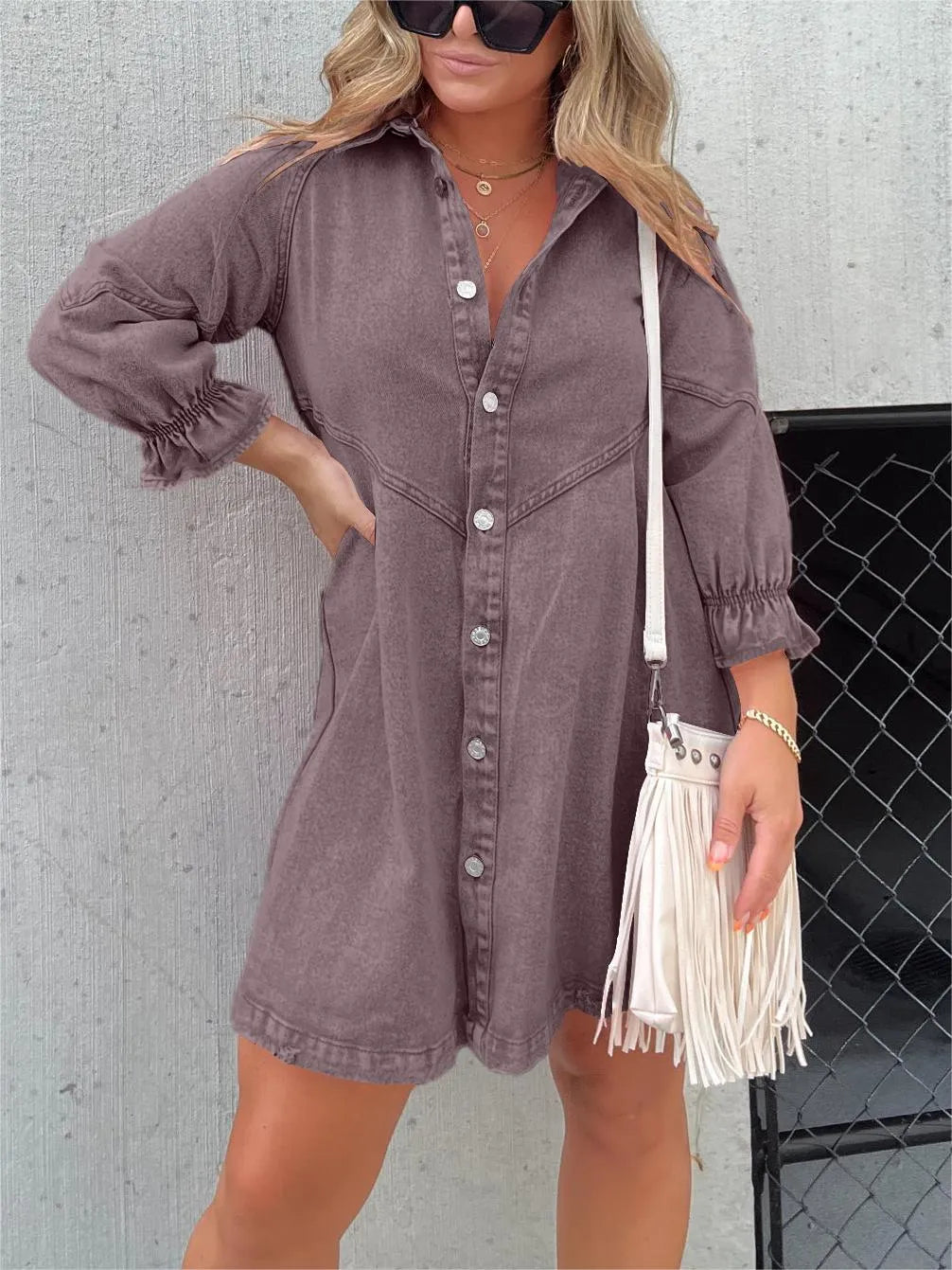 LoraviStyle™ Women’s Washed Denim Puff Sleeve Dress – Chic Collared Button-Down