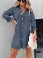 LoraviStyle™ Women’s Washed Denim Puff Sleeve Dress – Chic Collared Button-Down