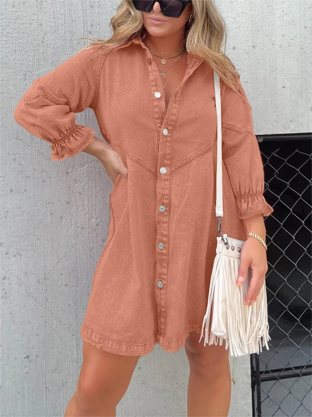 LoraviStyle™ Women’s Washed Denim Puff Sleeve Dress – Chic Collared Button-Down
