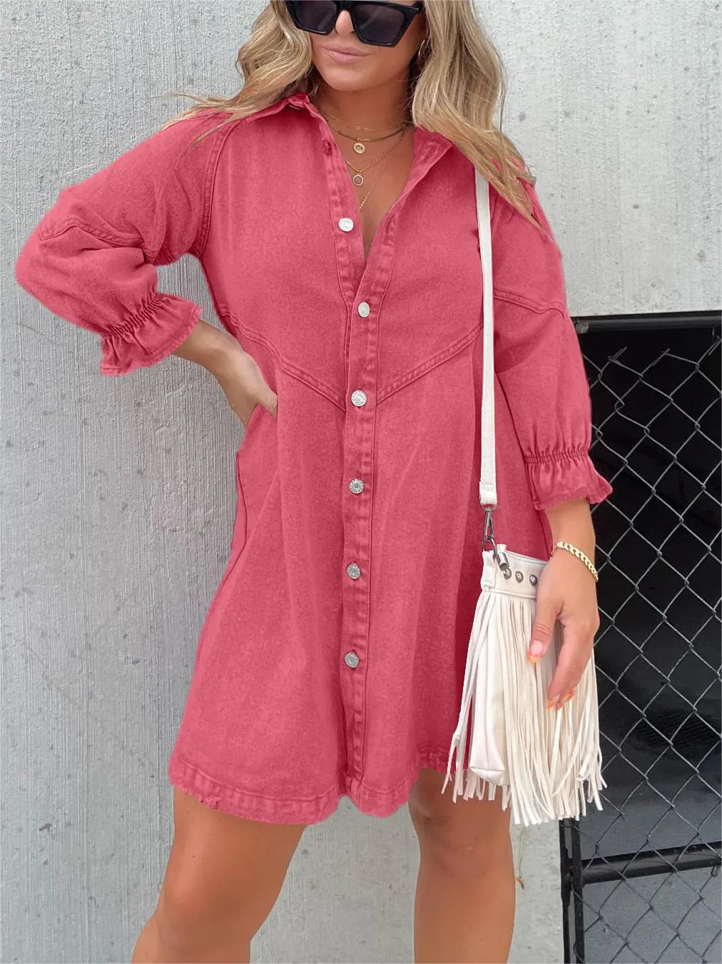 LoraviStyle™ Women’s Washed Denim Puff Sleeve Dress – Chic Collared Button-Down