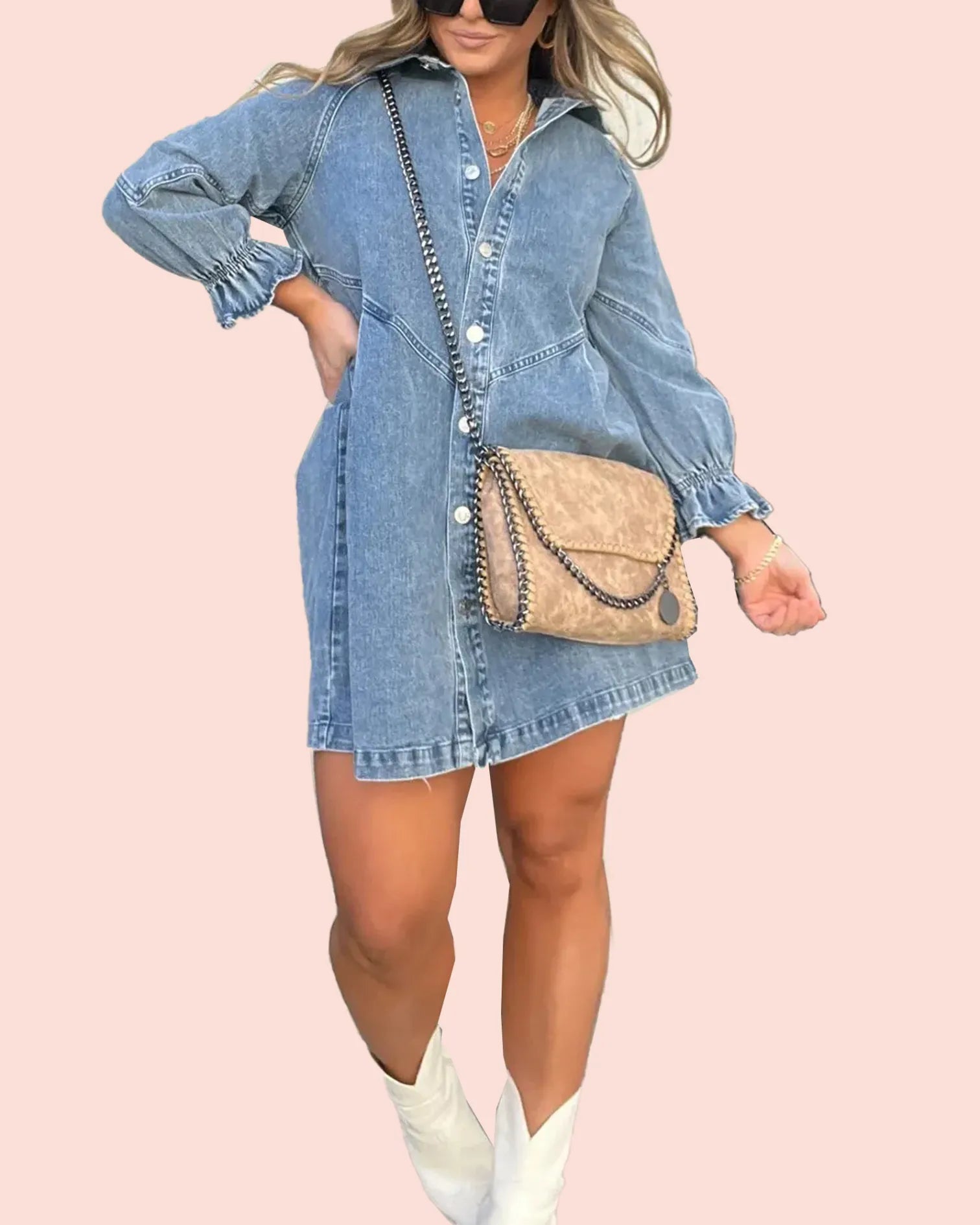LoraviStyle™ Women’s Washed Denim Puff Sleeve Dress – Chic Collared Button-Down