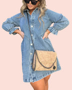 LoraviStyle™ Women’s Washed Denim Puff Sleeve Dress – Chic Collared Button-Down