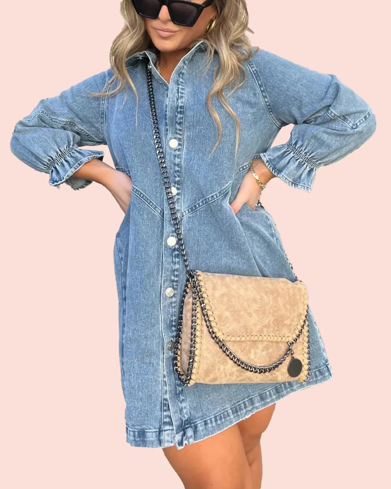 LoraviStyle™ Women’s Washed Denim Puff Sleeve Dress – Chic Collared Button-Down