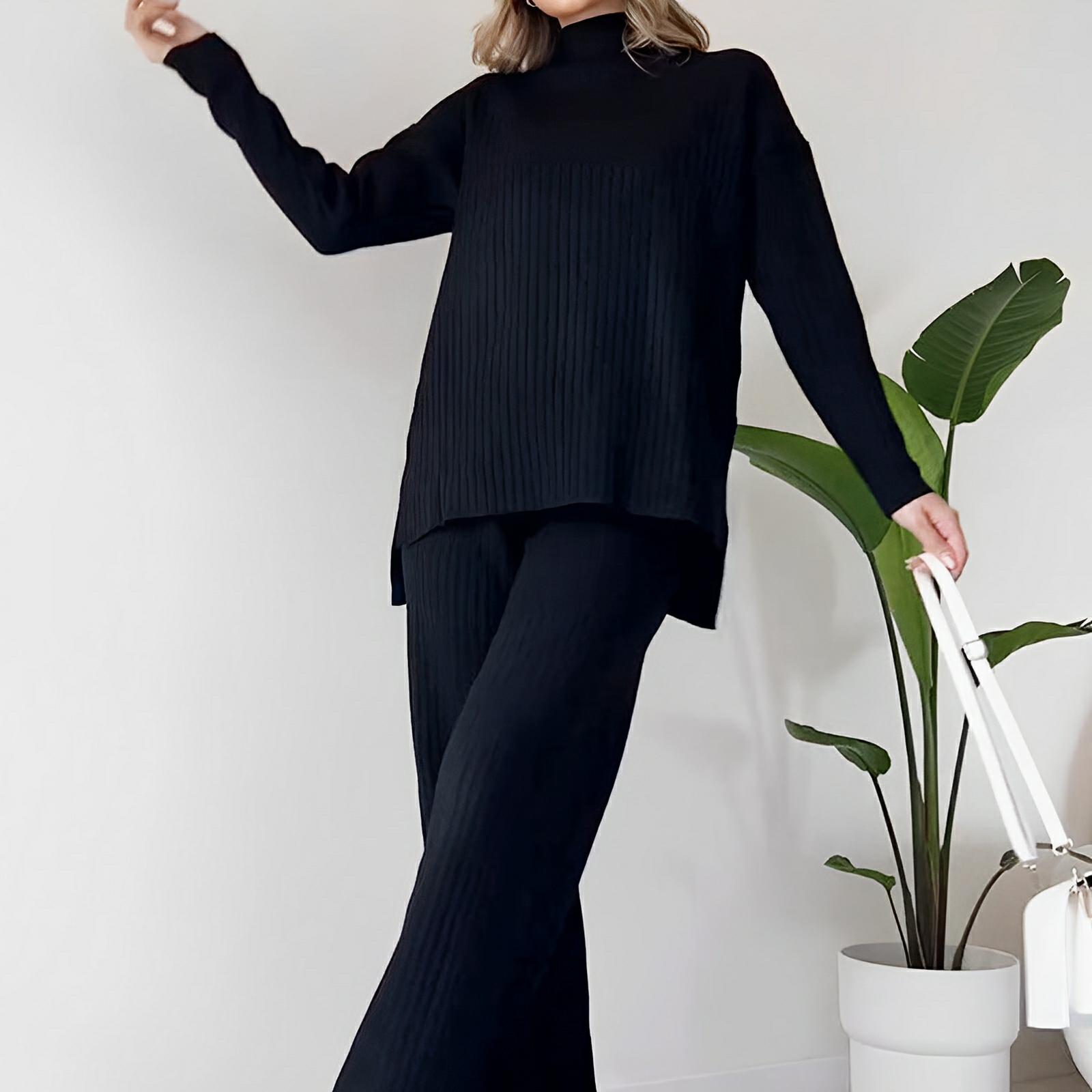 Split-Hem Knit Turtleneck Set – Modern Comfort Meets Effortless Style