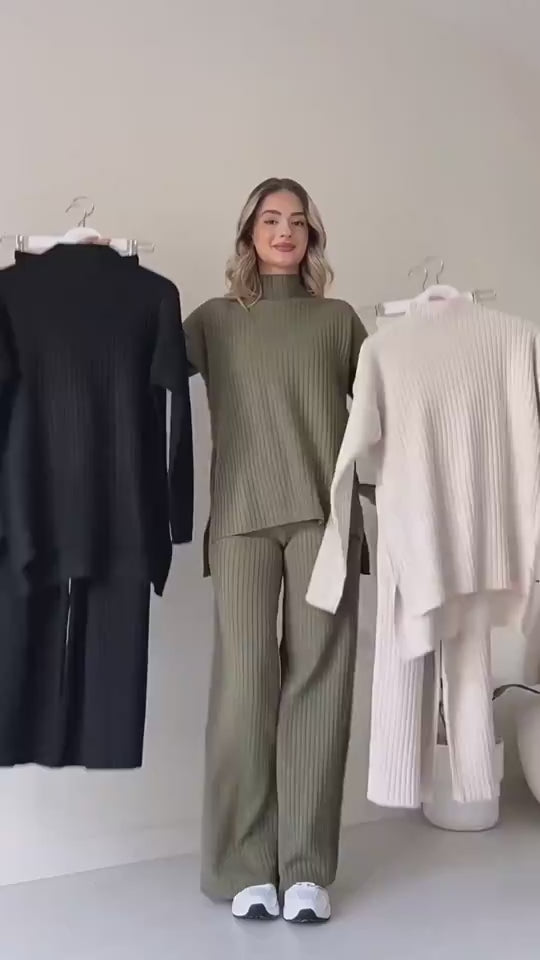 Split-Hem Knit Turtleneck Set – Modern Comfort Meets Effortless Style