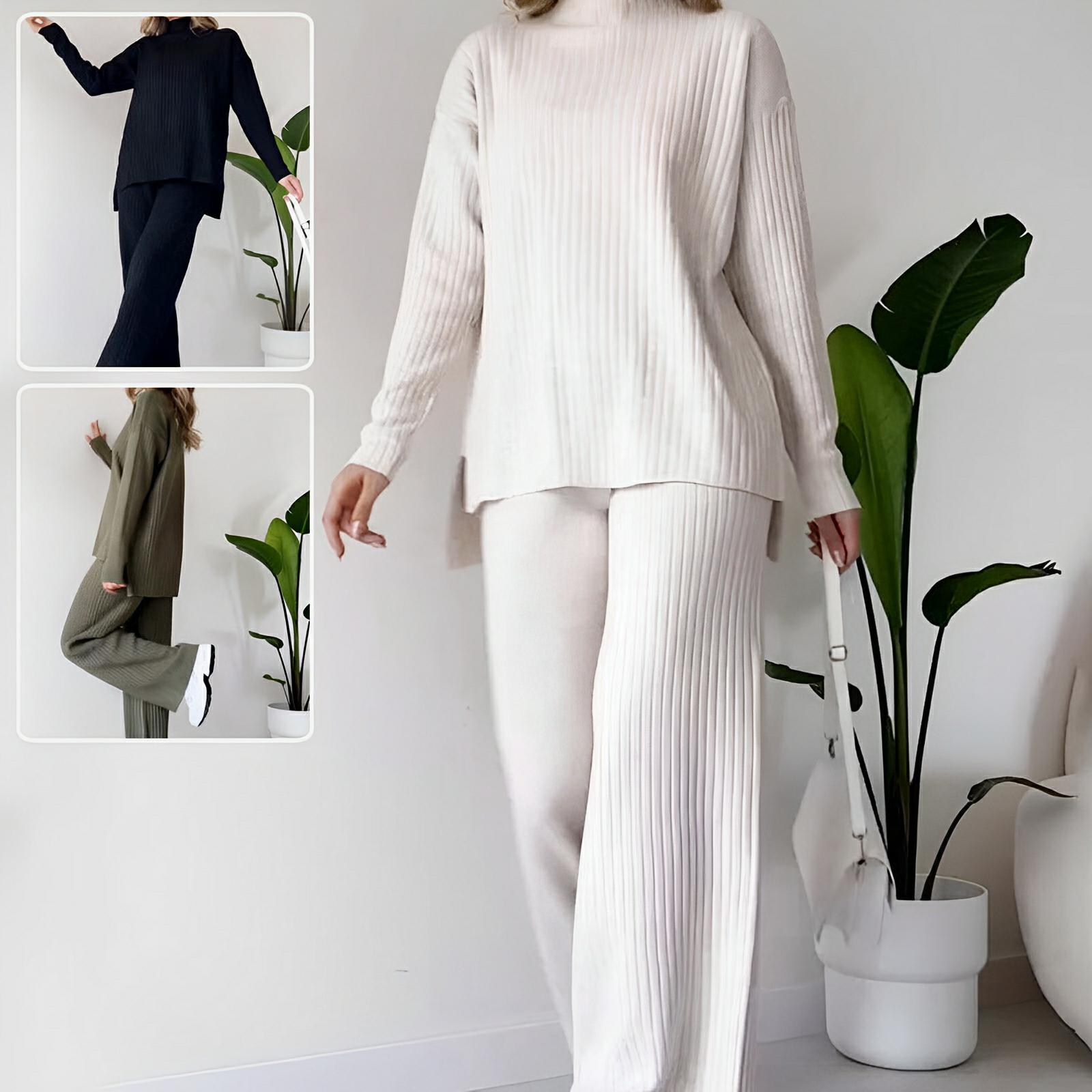 Split-Hem Knit Turtleneck Set – Modern Comfort Meets Effortless Style