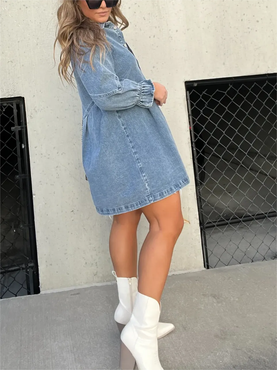 LoraviStyle™ Women’s Washed Denim Puff Sleeve Dress – Chic Collared Button-Down