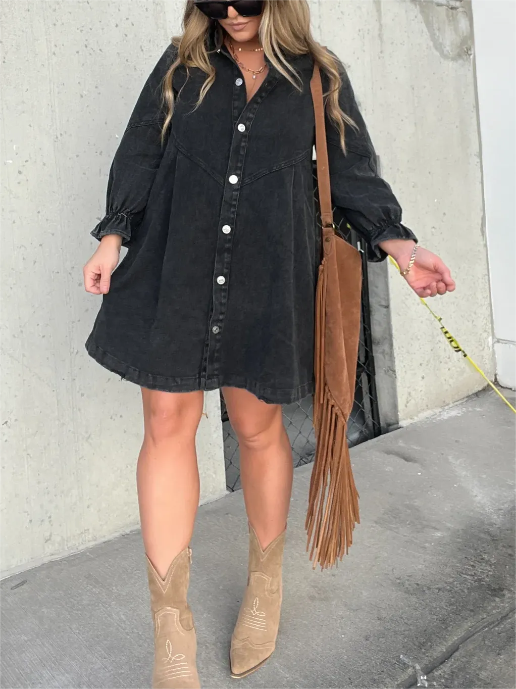 LoraviStyle™ Women’s Washed Denim Puff Sleeve Dress – Chic Collared Button-Down
