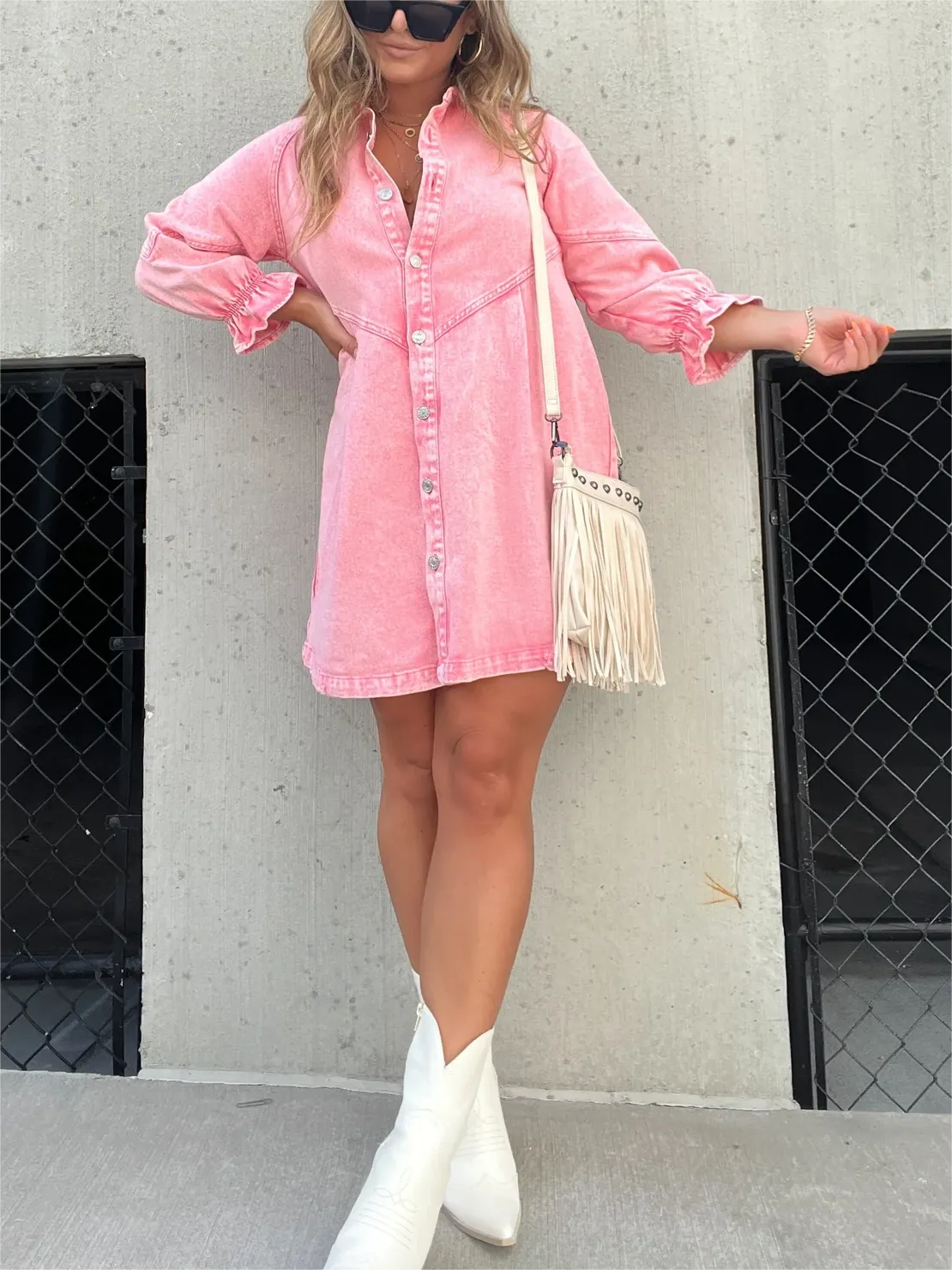 LoraviStyle™ Women’s Washed Denim Puff Sleeve Dress – Chic Collared Button-Down