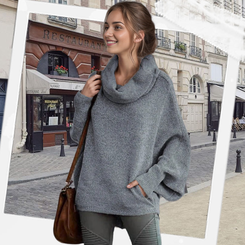 LoraviStyle Women’s Batwing Knit Sweater – Soft Cowl Neck with Pockets